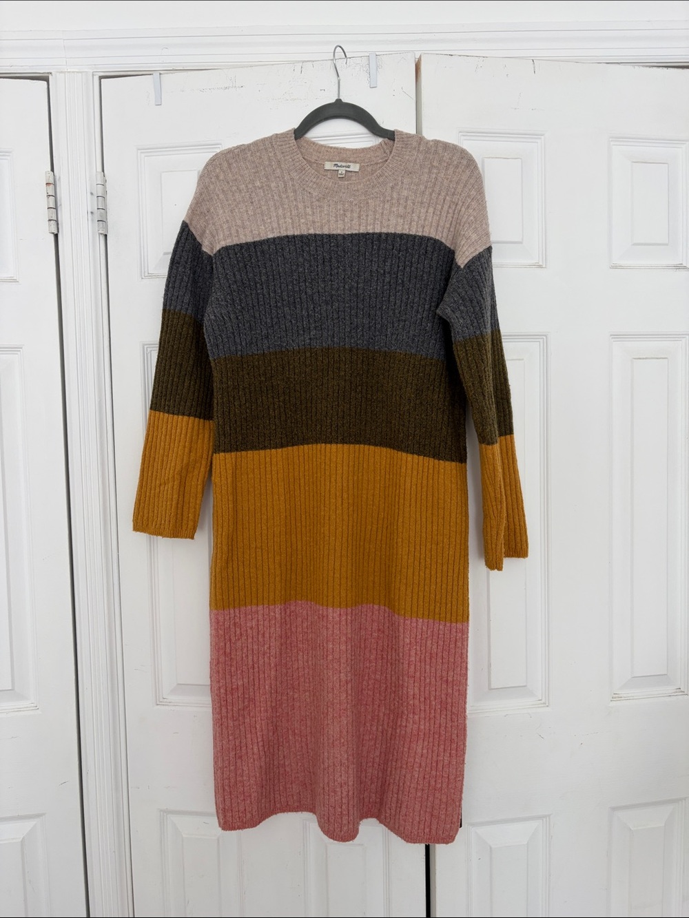 Madewell Striped Ribbed Knit Midi Dress in Pink, Mustard & Olive